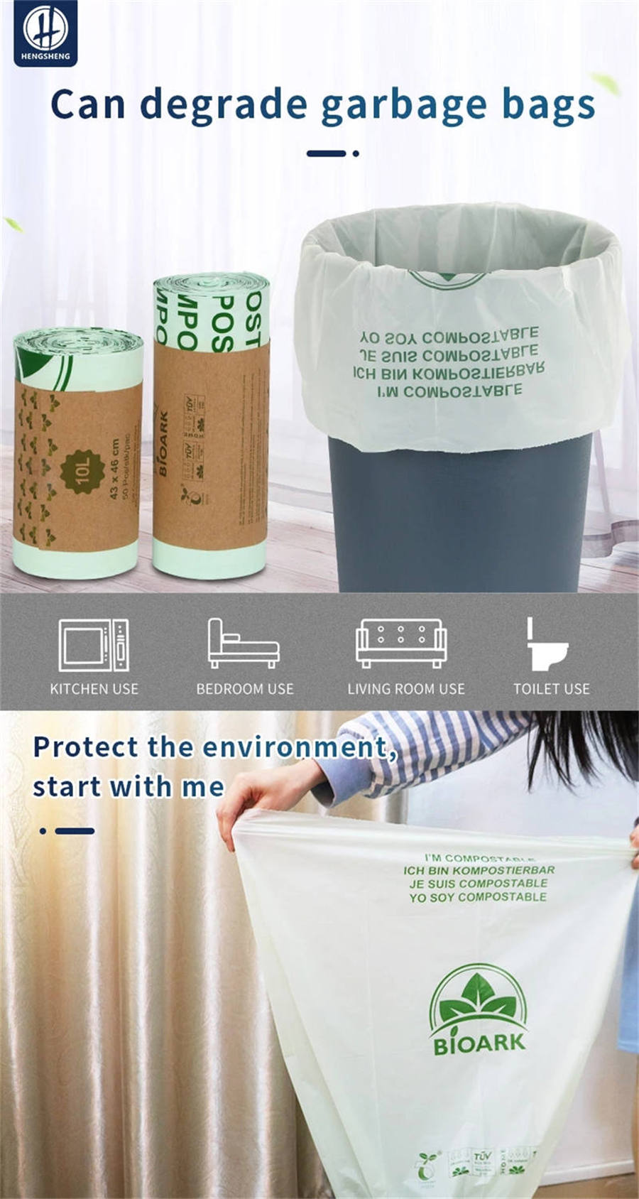 Bolsa de basura biodegradable de boca plana