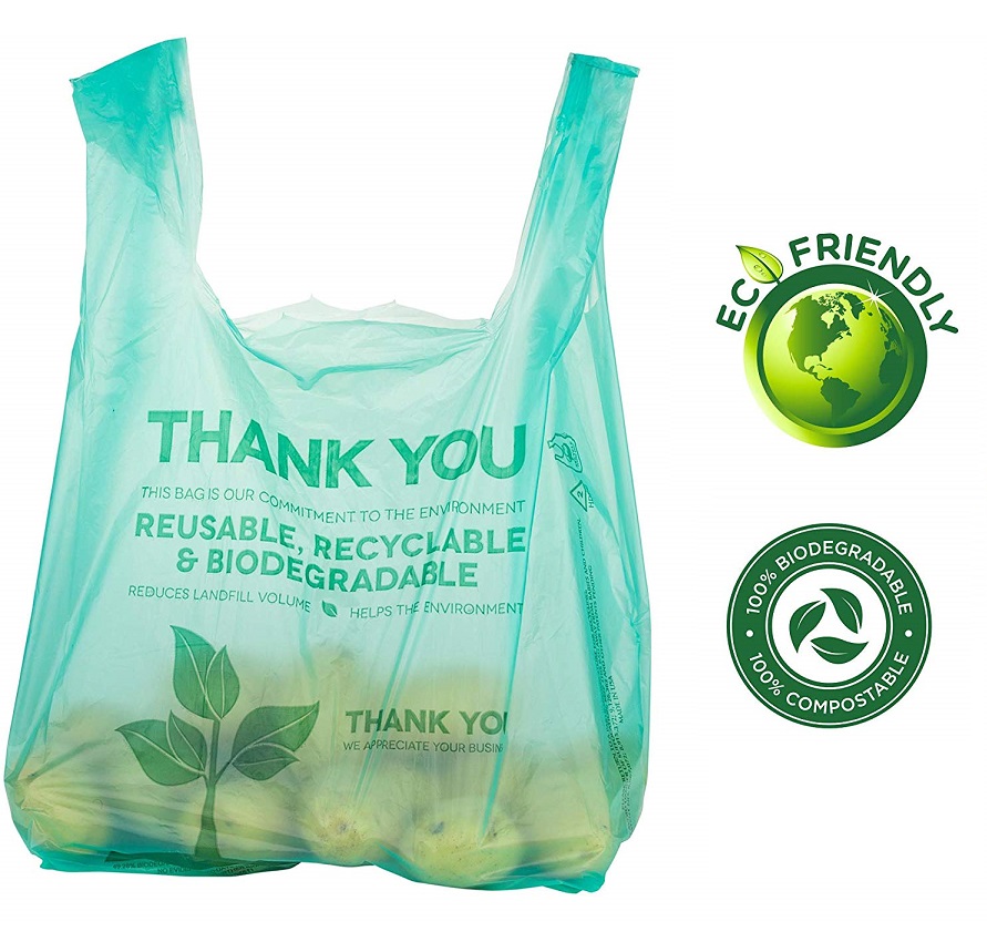 Bolsa de compras de plástico biodegradable gracias