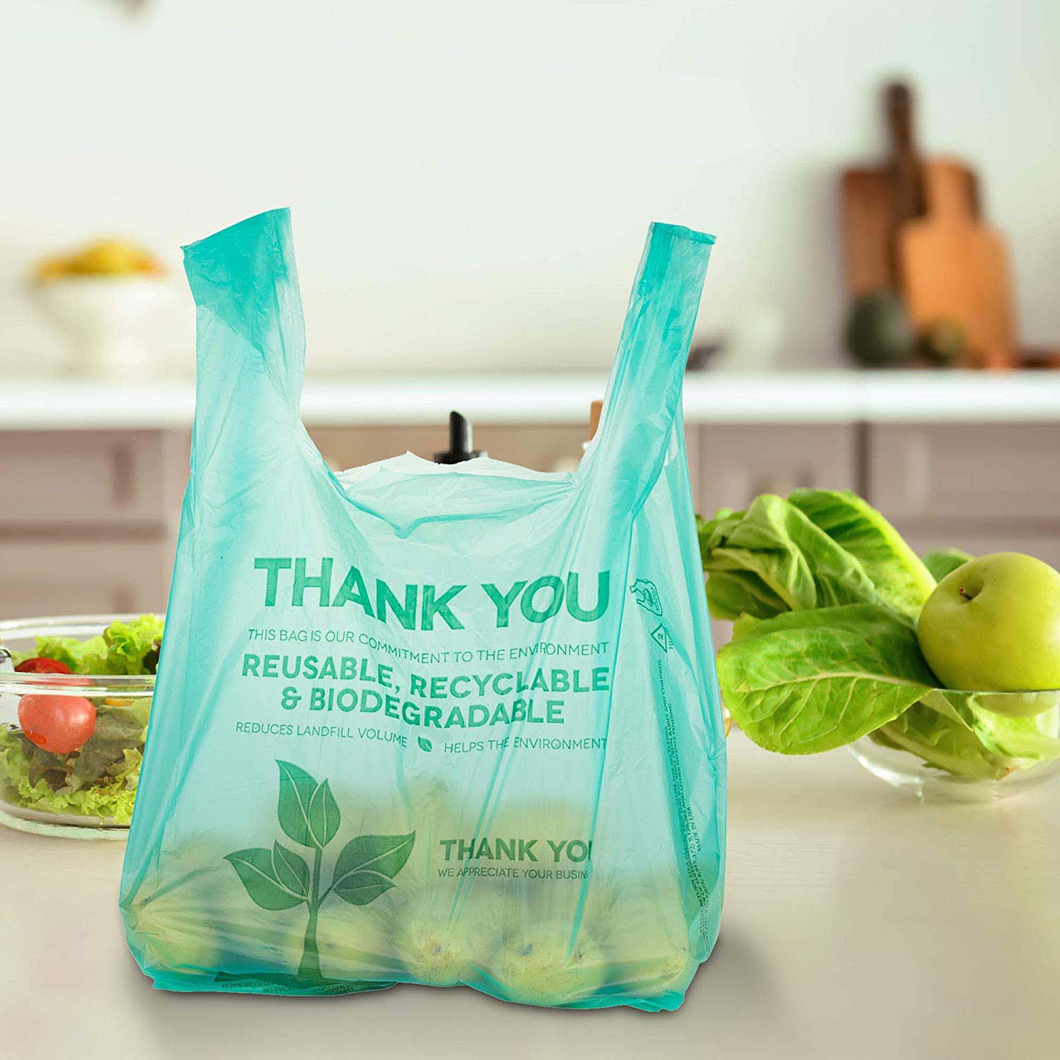 Bolsa de compras de plástico biodegradable gracias